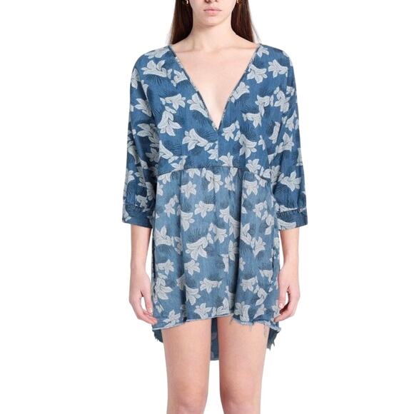 One X One Teaspoon Epiphany Denim Floral Dress Blue XS Oversized - Picture 5 of 16